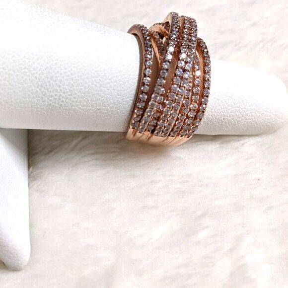 NWOT Cubic Zirconia Multi Layer Row Rose Gold Rhodium over .925 Sterling Ring - Picture 11 of 12
